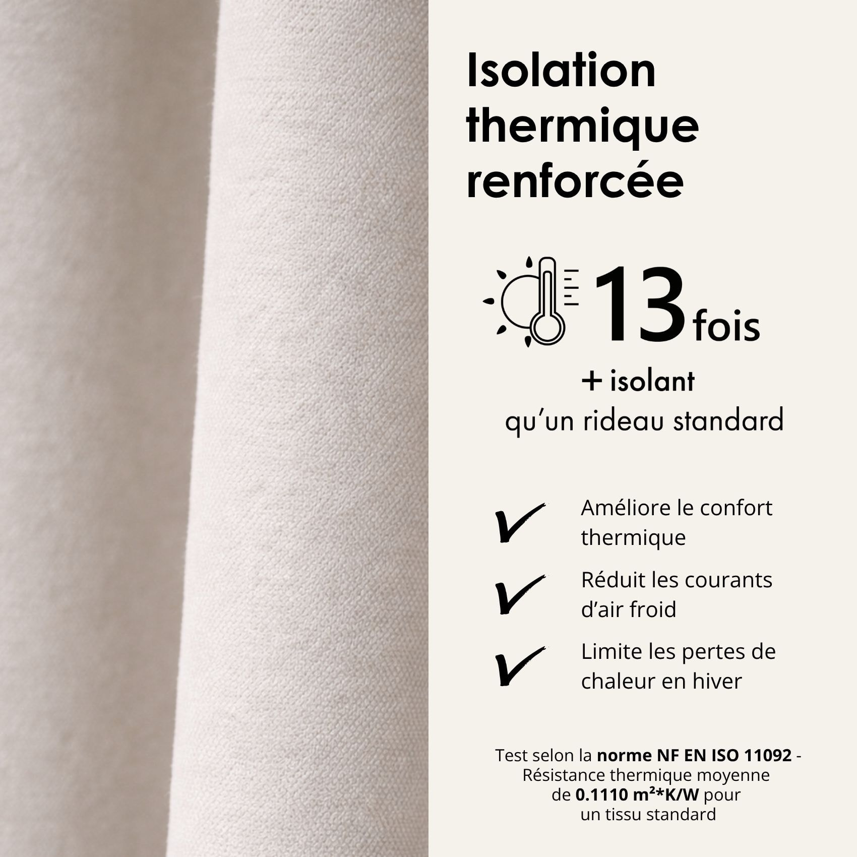Rideau thermique phonique et semi occultant KONFOR - Blanc cassé