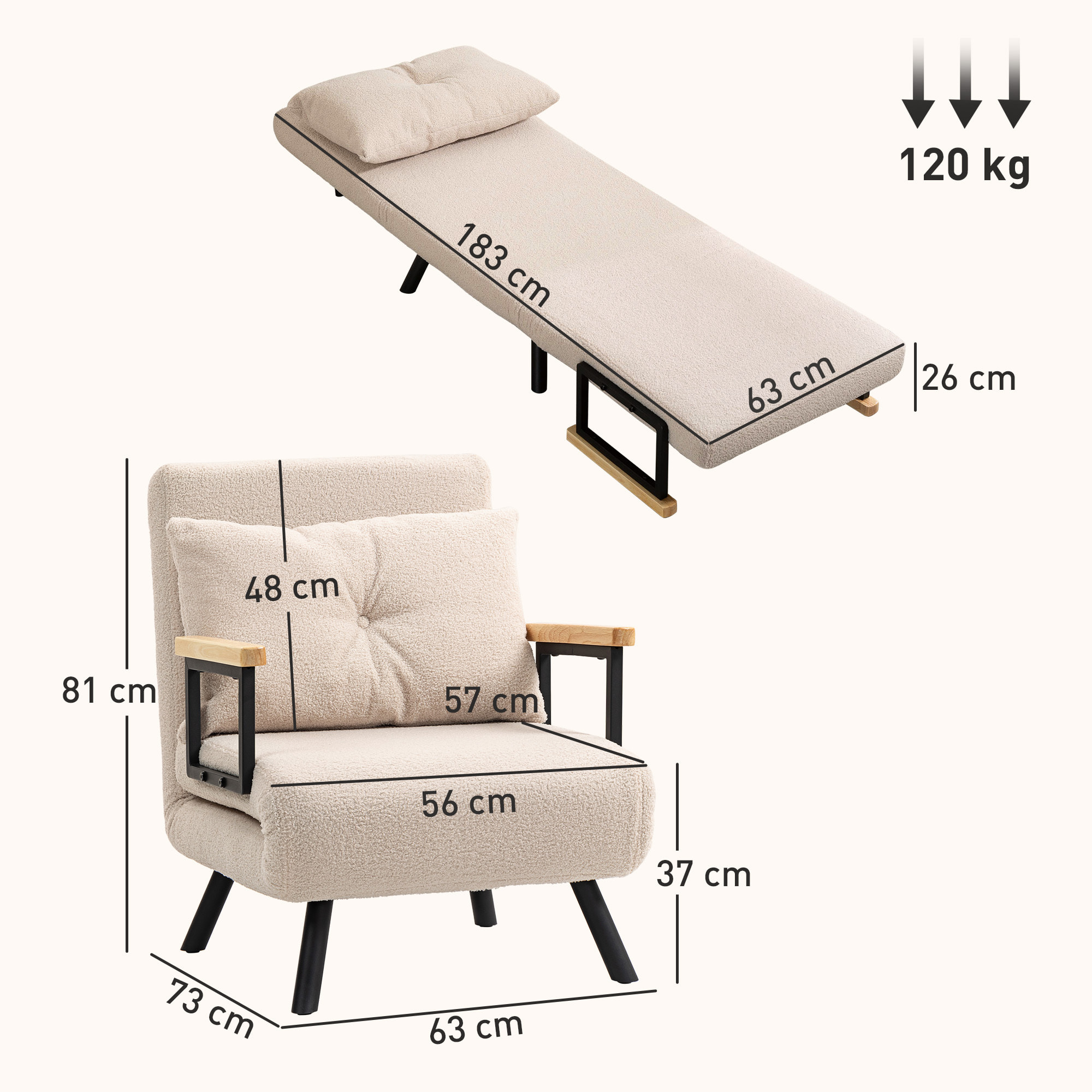 Sofá Cama de 1 Plaza Sofá Cama Plegable Tapizado en Borreguito con Respaldo Ajustable de 5 Niveles y Almohada Acolchada para Oficina Dormitorio Salón 63x73x81 cm Beige