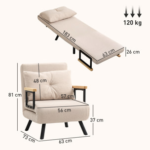 Sofá Cama de 1 Plaza Sofá Cama Plegable Tapizado en Borreguito con Respaldo Ajustable de 5 Niveles y Almohada Acolchada para Oficina Dormitorio Salón 63x73x81 cm Beige