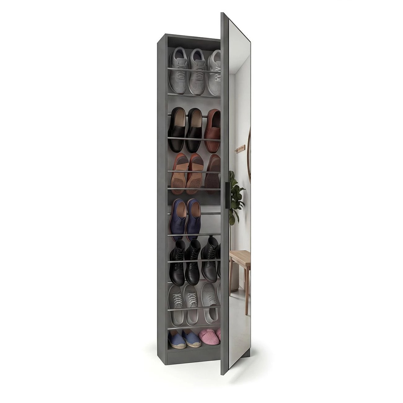 Zapatero alto de 1 puerta con espejo en gris grafito 180x50 cm Roma Gris Grafito