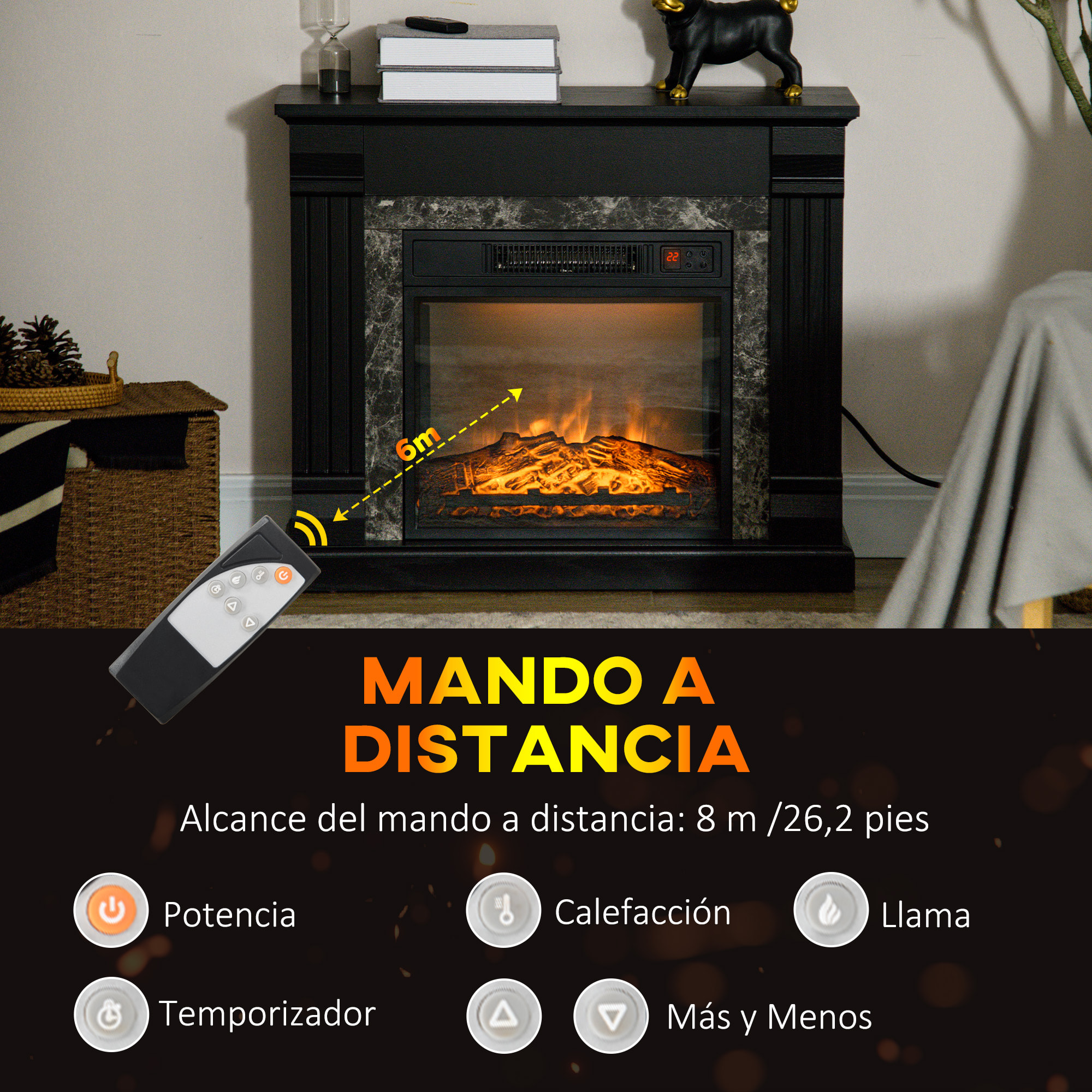 Chimenea Eléctrica 1800W Chimenea Decorativa con Efecto de Llama Mando a Distancia Temporizador Termostato Protección Contra Sobrecalentamiento para Sala 30 m² Negro