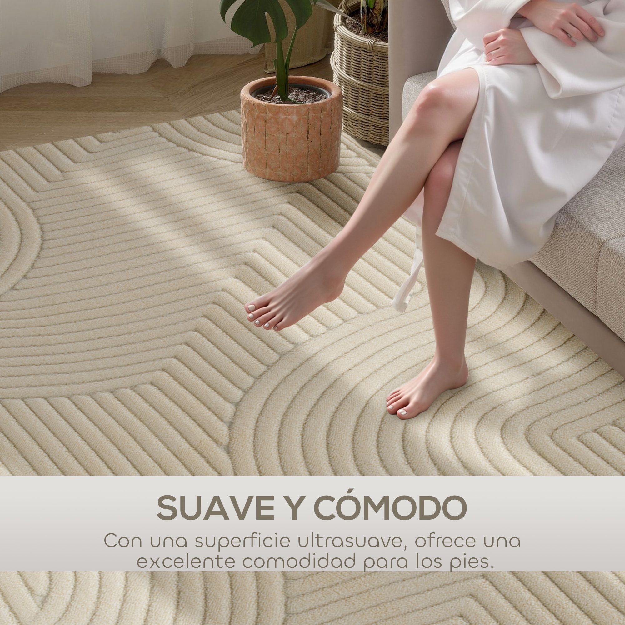 Alfombra Salón 160x120 cm Alfombra Pelo Corto Estilo Moderno Base Antideslizante Tejida a Máquina Tapete para Sala de Estar Dormitorio Comedor Crema