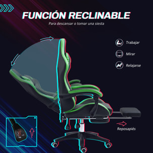 Silla Gaming Ergonómica Reclinable 135°, Silla Gamer Racing de Cuero PU con Soporte Lumbar, Altura Ajustable, Reposacabezas y Reposapiés Retráctil, para Oficina, Estudio, Negro y Verde