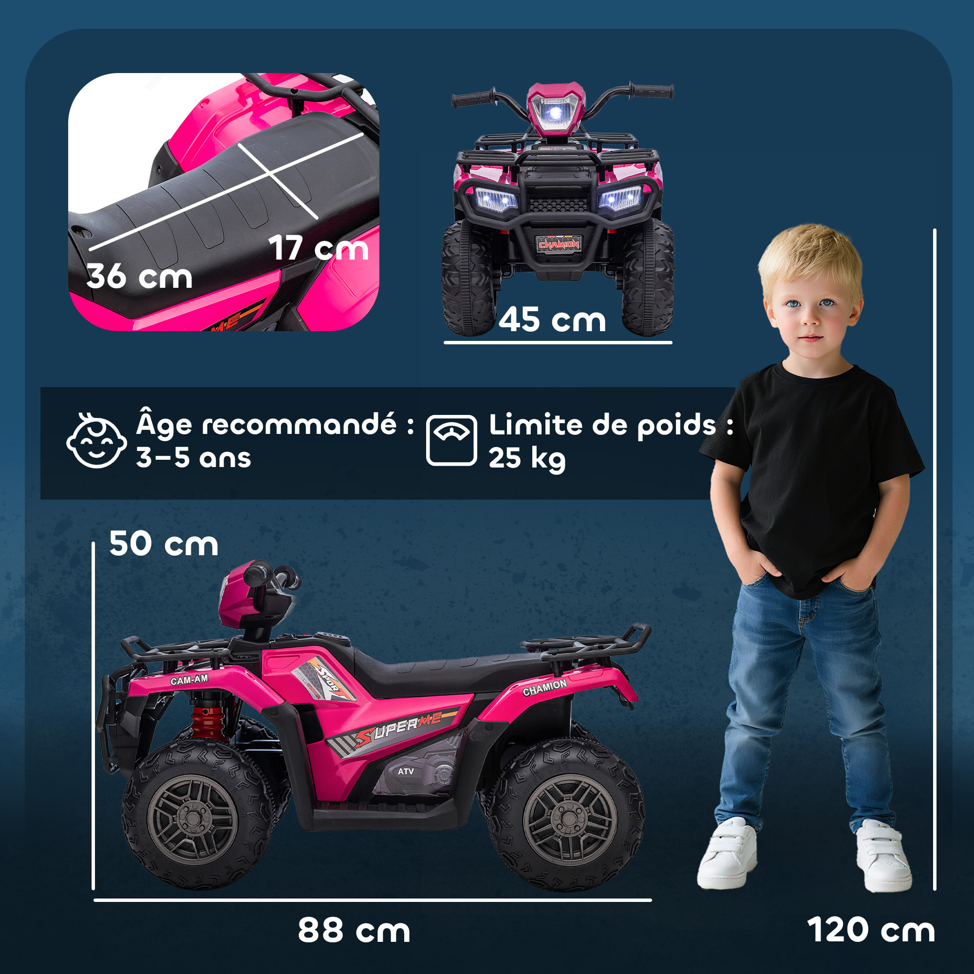 Quad électrique enfant 12V 2 moteurs vitesse 2-4Km/h effets lumineux sonores rose