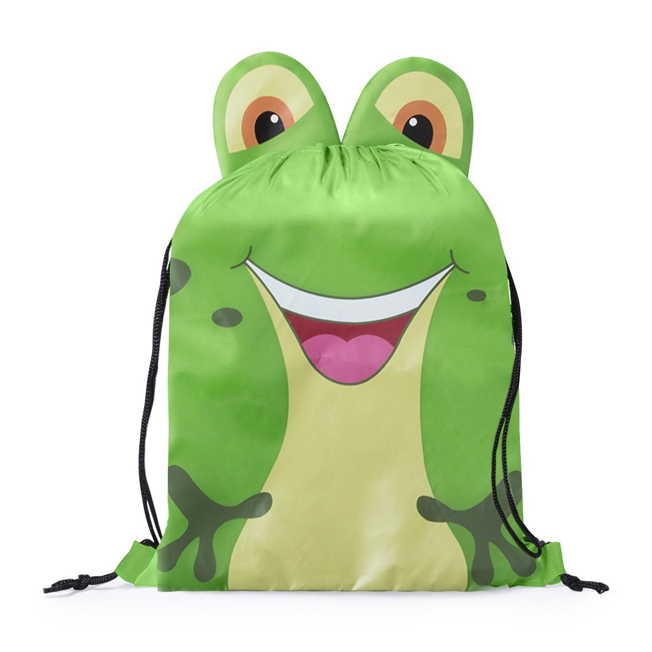 Mochila de cuerdas Llorel plegable para niño, en suave poliéster 210T. Diseño rana.