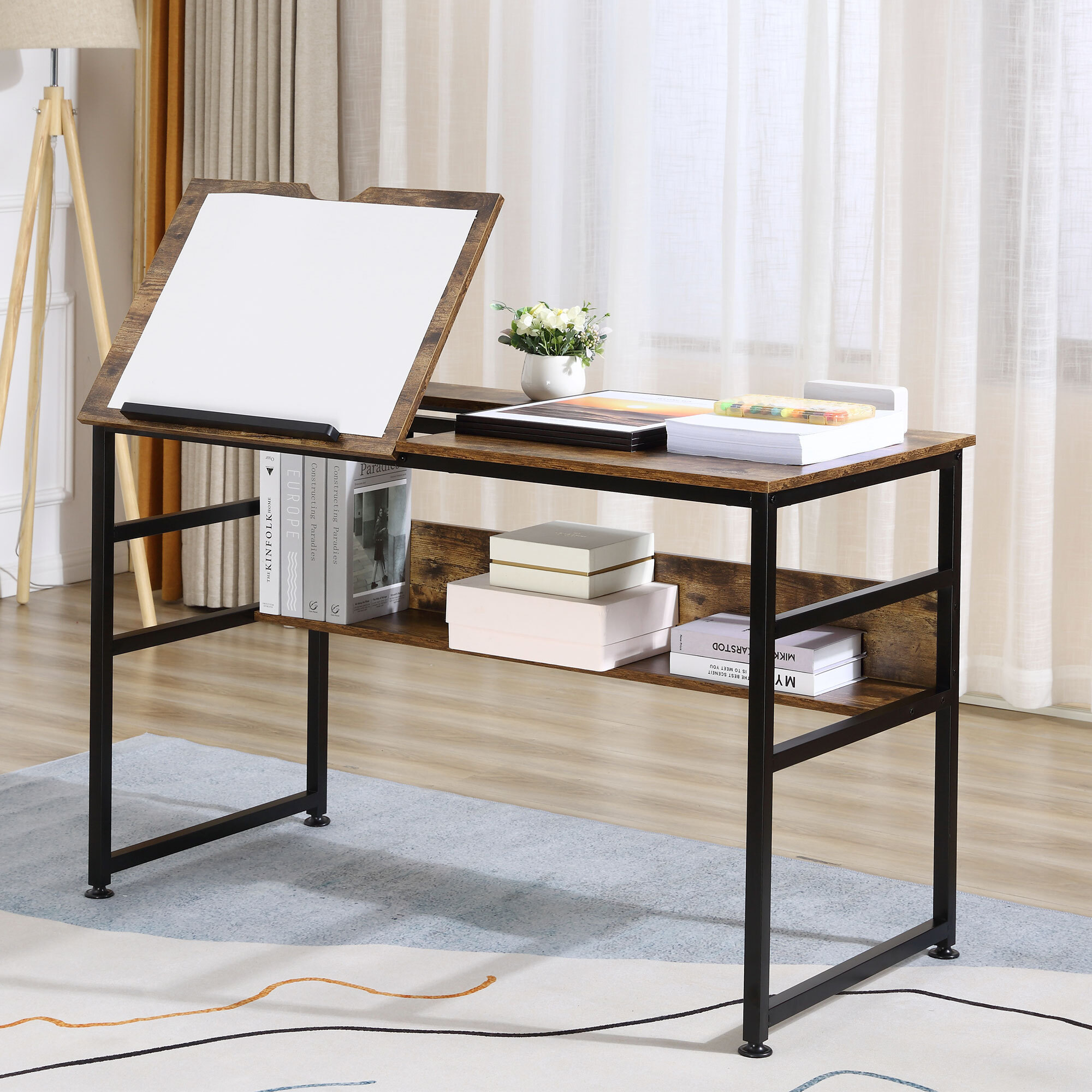 Bureau informatique design industriel - plateau relevable, étagère -  panneaux particules aspect vieux bois métal noir