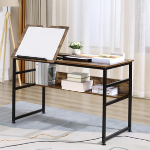 Bureau informatique design industriel - plateau relevable, étagère -  panneaux particules aspect vieux bois métal noir