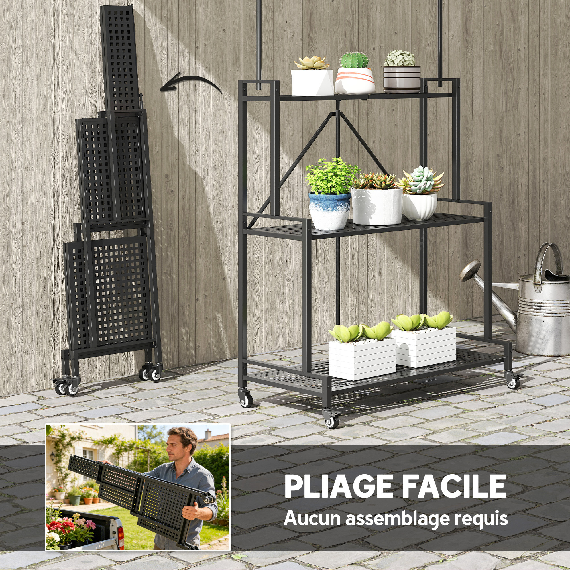 Étagère pour plantes pliable mobile 3 niveaux métal noir
