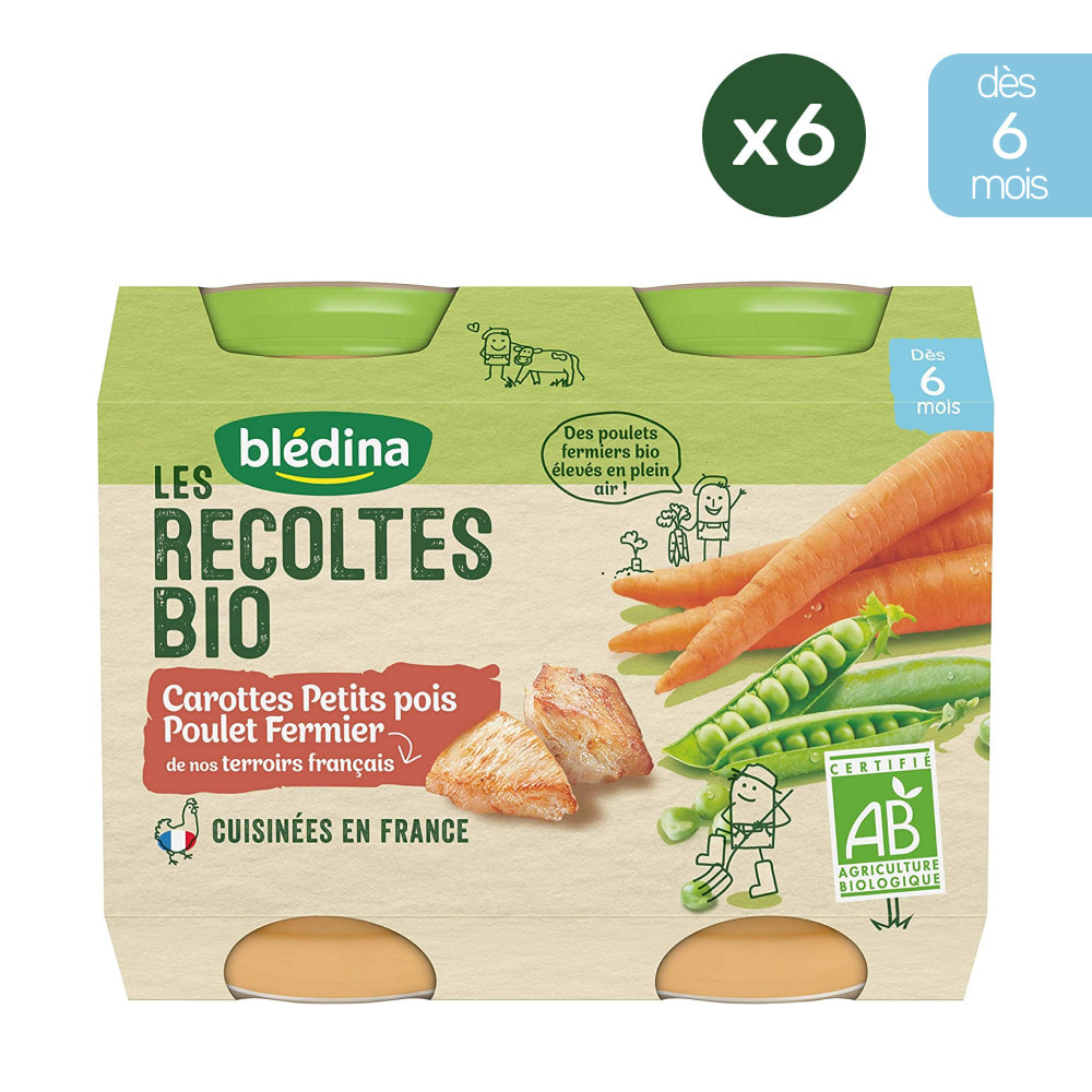 6x2 Petits Pots Carottes, Petits Pois et Poulet - Bledina Les Recoltes Bio - Dès 6 mois