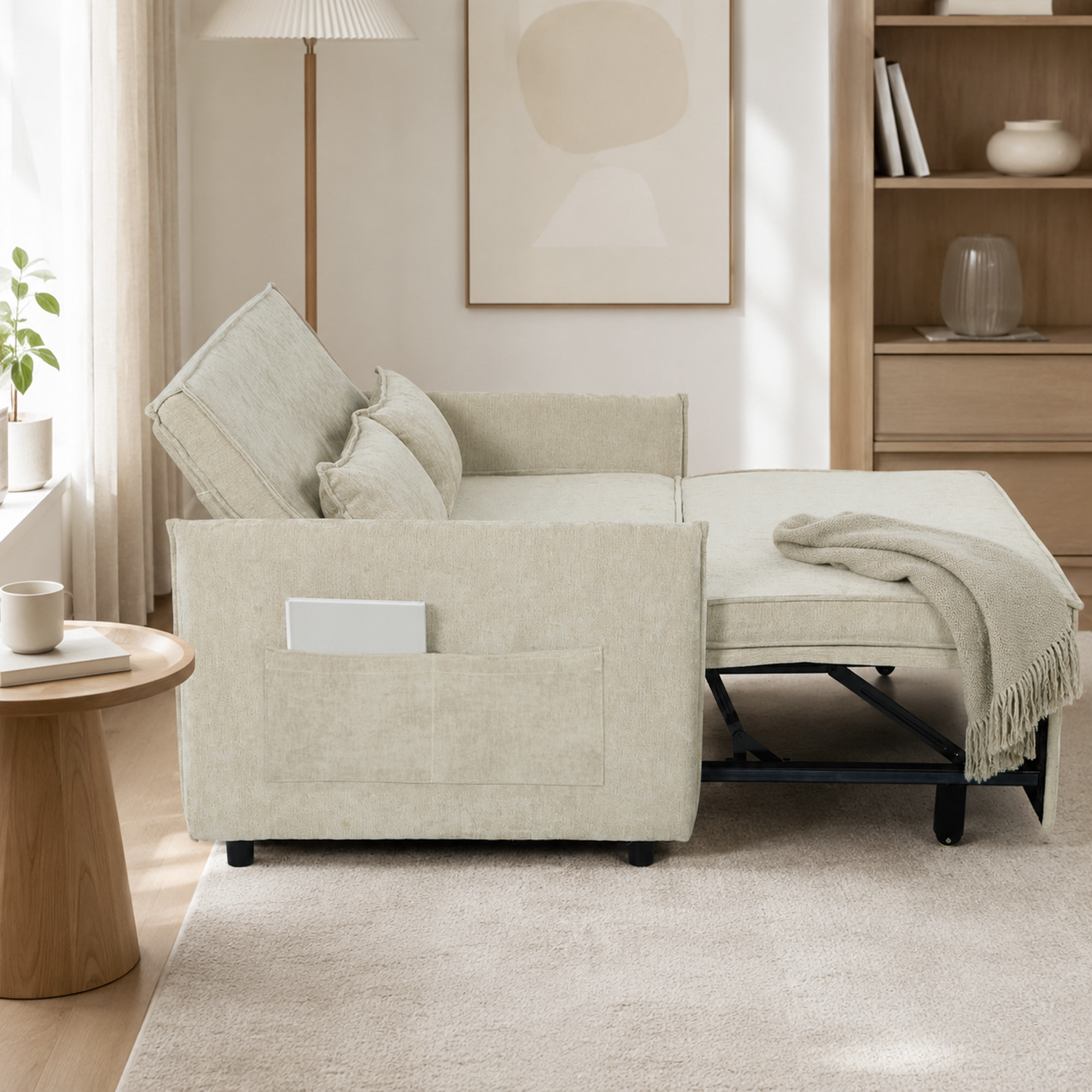 Canapé convertible 2 places dossier inclinable 5 niv. tissu chenille beige