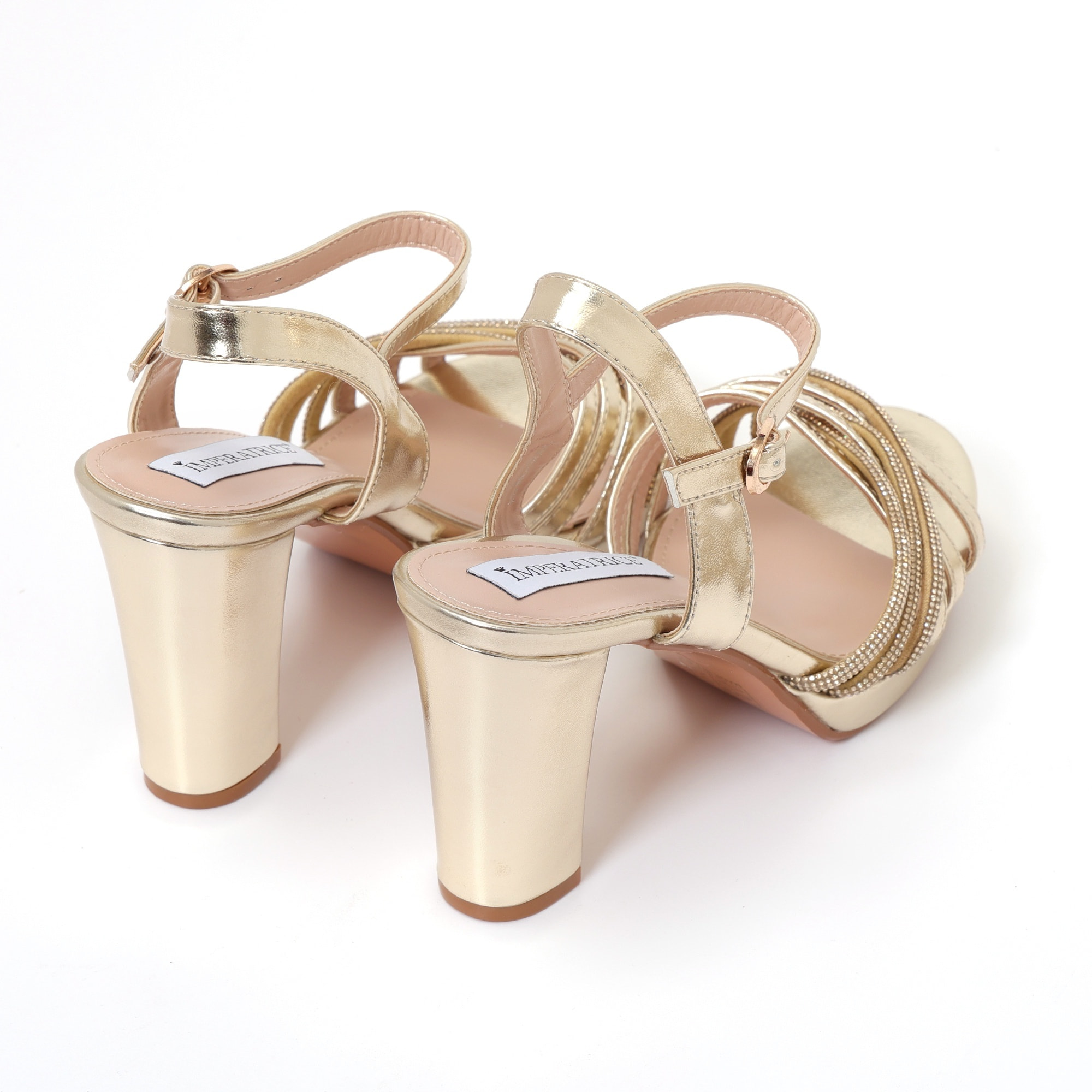 Sandali in simil pelle con tacco alto comodo e fasce ricoperte di strass