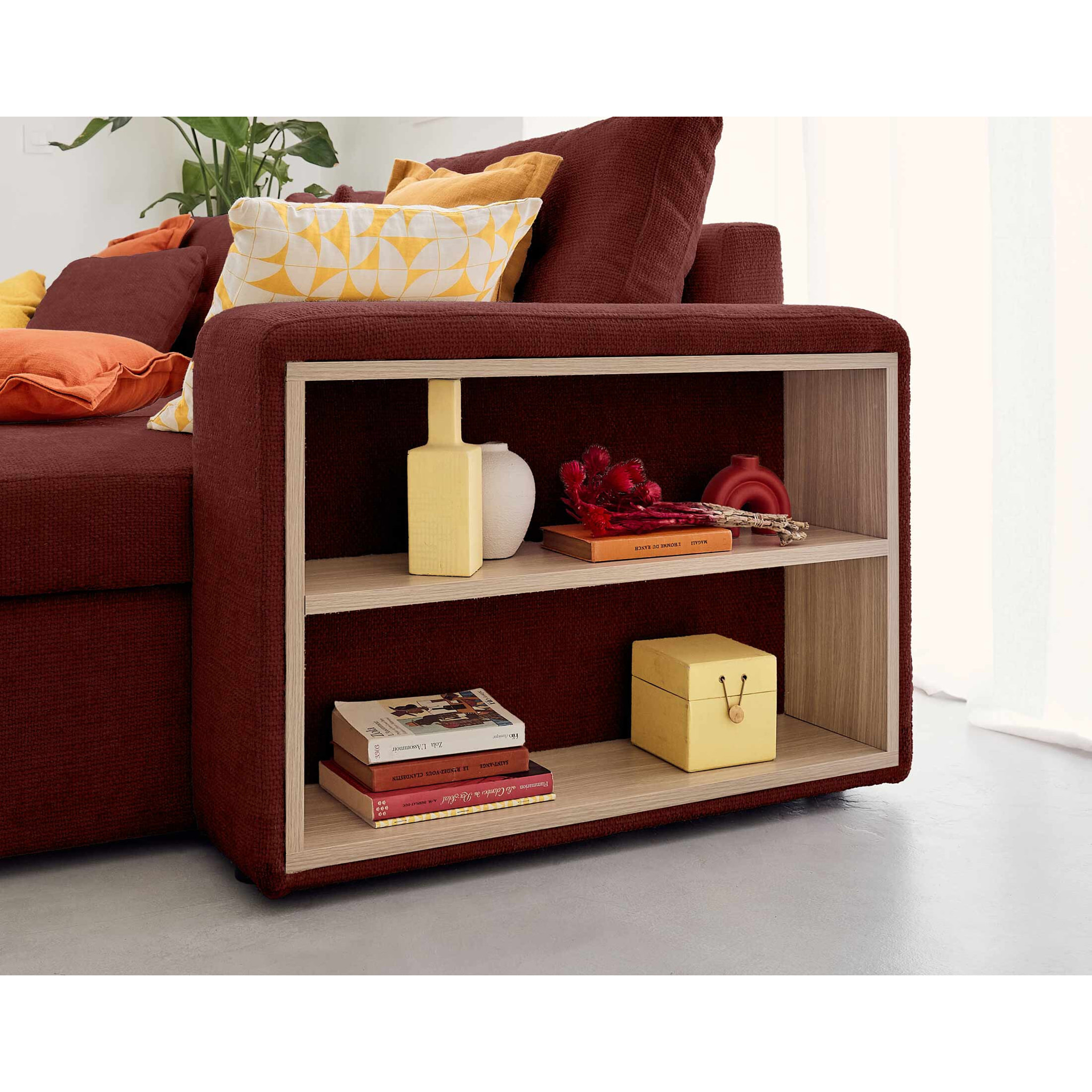 California - canapé d'angle réversible 4 places - convertible avec coffre, étagère et poufs - en velours texturé - Prune