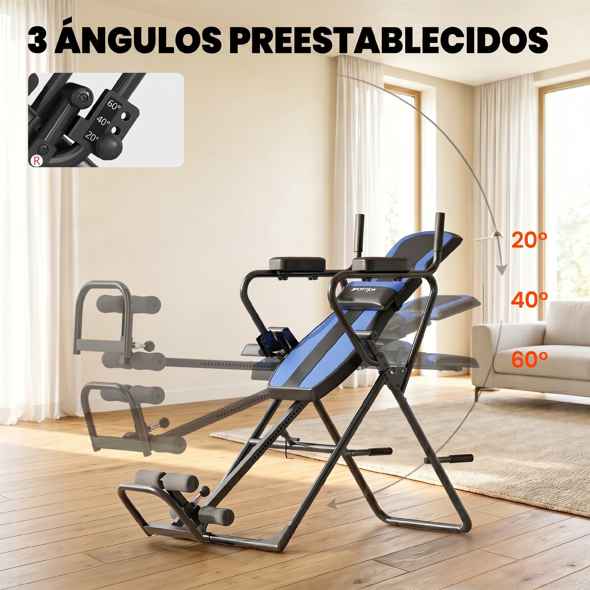Tabla de Inversión Plegable 3 en 1 con Dominadas y Flexiones Reposacabezas Altura Ajustable 155-198 cm Ángulos 20° 40° 60° Banco de Inversión con Soporte Lumbar Tobillo Bloqueo Cinturón Azul