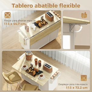 Isla de Cocina con Encimera Abatible, Carrito de Cocina con Puertas Correderas de Vidrio, Botellero, Ruedas, Cajón, Especiero y Estante Ajustable, Blanco y Roble