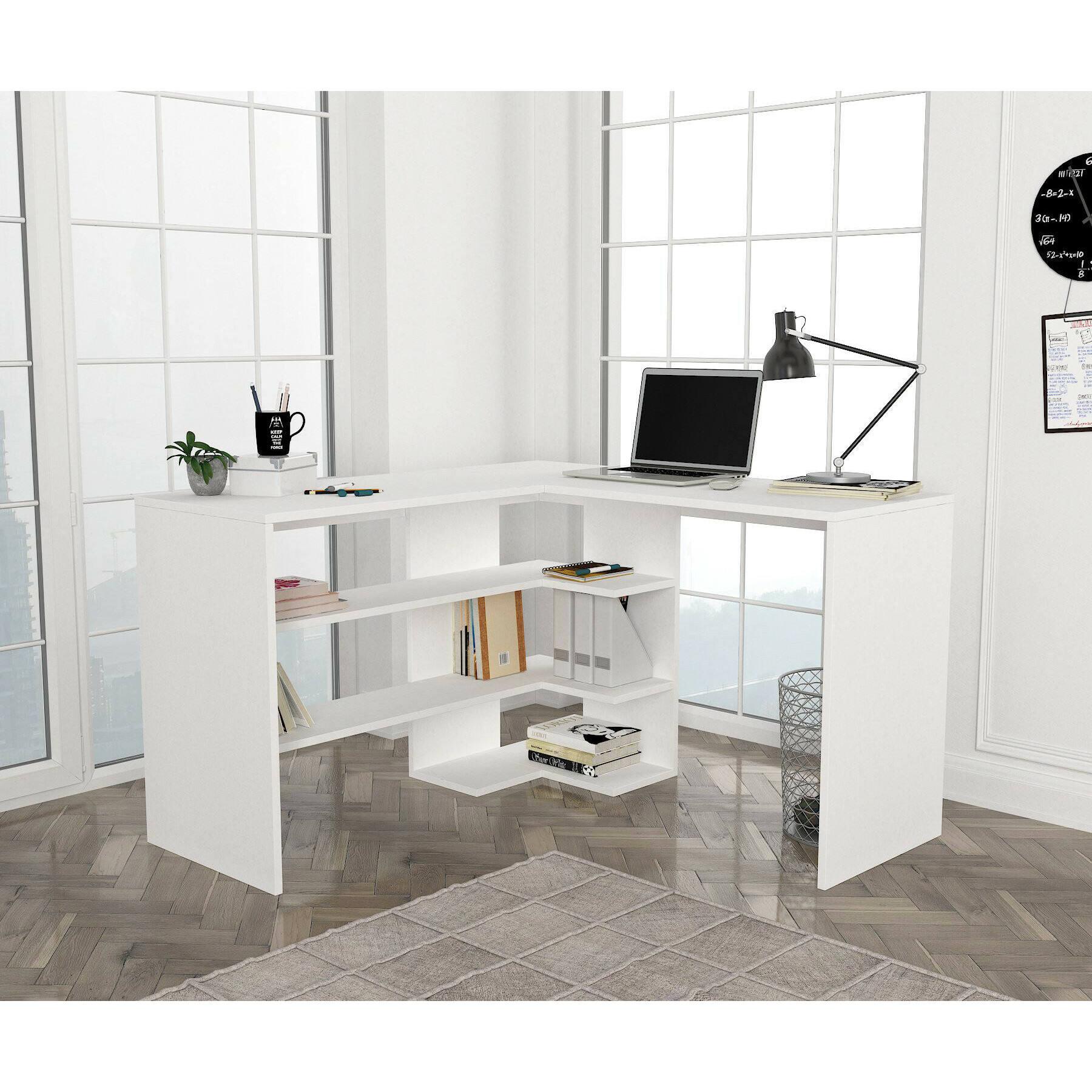 Scrivania Dkon, Scrittoio multiuso, Tavolo per ufficio porta PC, Piano di lavoro, 120x120h74 cm, Bianco