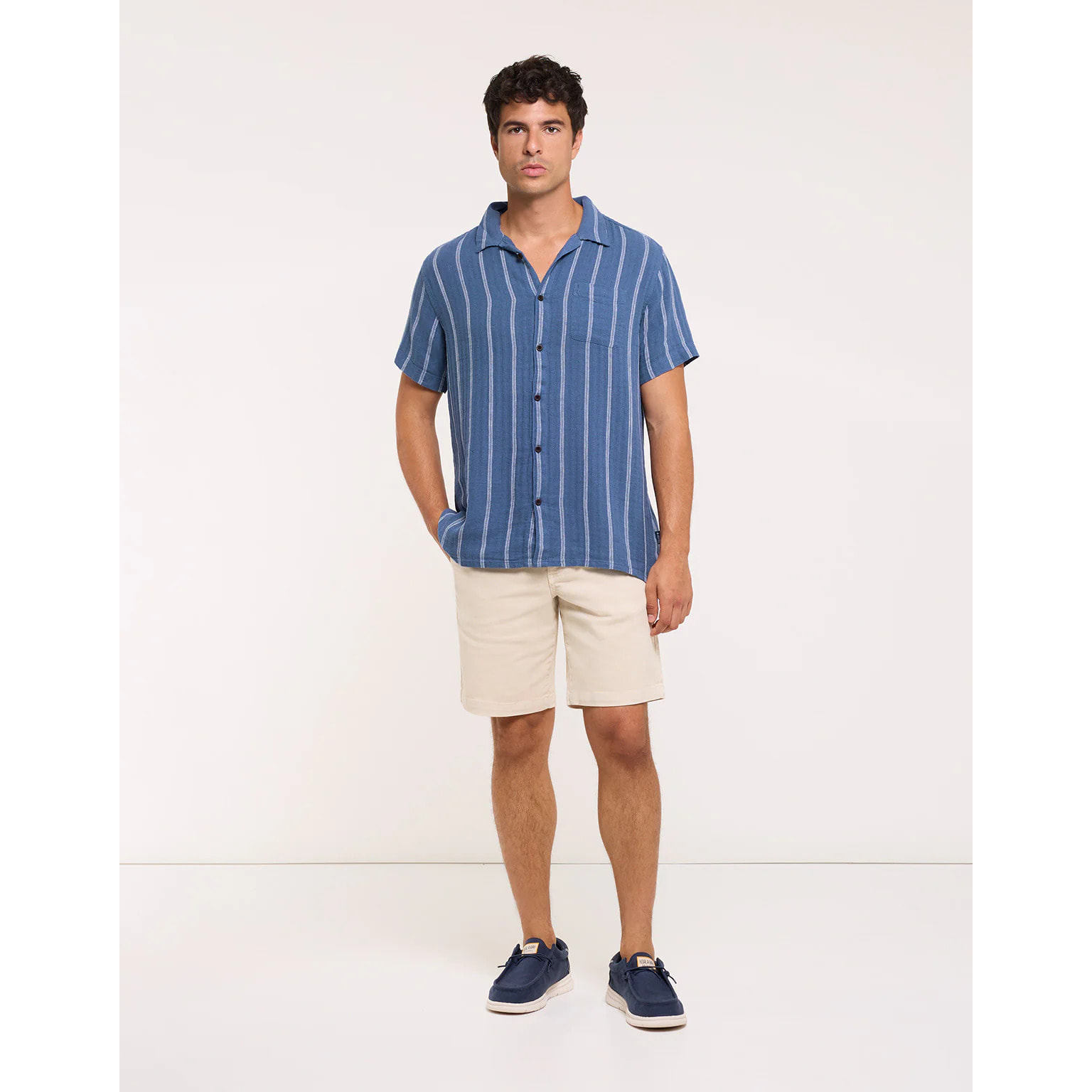 Camisa Manga Corta con Lino Azul Oscuro Rayas - Selvaire