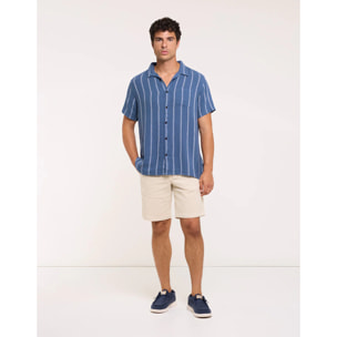 Camisa Manga Corta con Lino Azul Oscuro Rayas - Selvaire