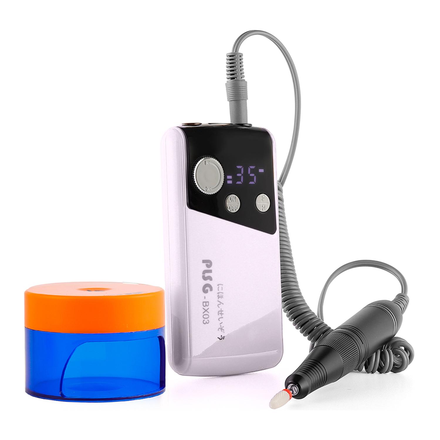 Lucidatore per unghie con batteria ricaricabile da 2000 mAh, fino a 35.000 giri/min. Velocità regolabile. Include 1 testa lucidante e lampada di asciugatura UV.