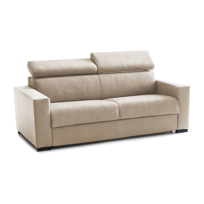 Divano letto 3 posti Algo, Sofà Soggiorno con apertura girevole, Poggiatesta regolabili e Braccioli slim, 100% Made in Italy, Cm 200x95h85, Beige