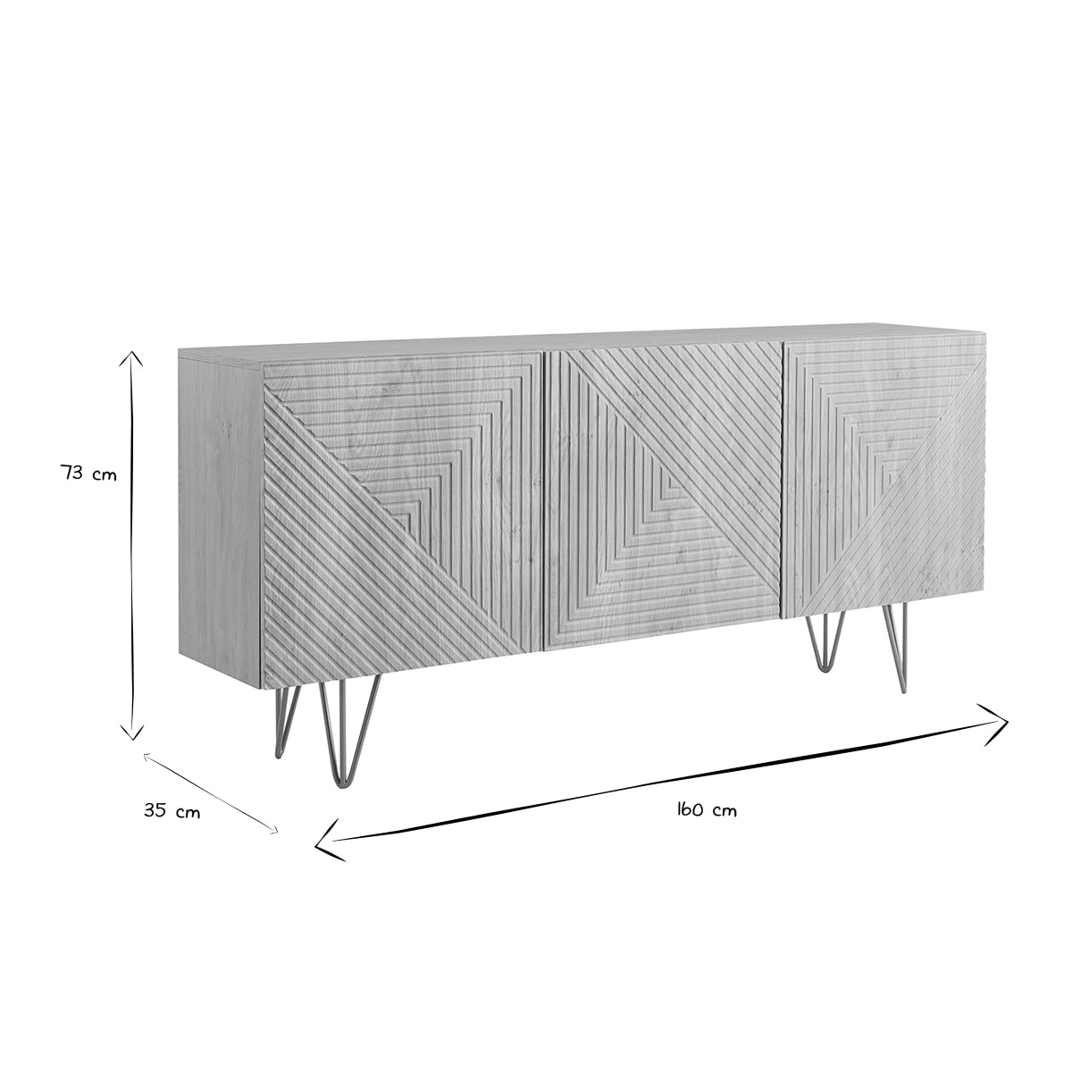 Buffet design gravé finition bois clair chêne et métal doré 3 portes L160 cm OZEN