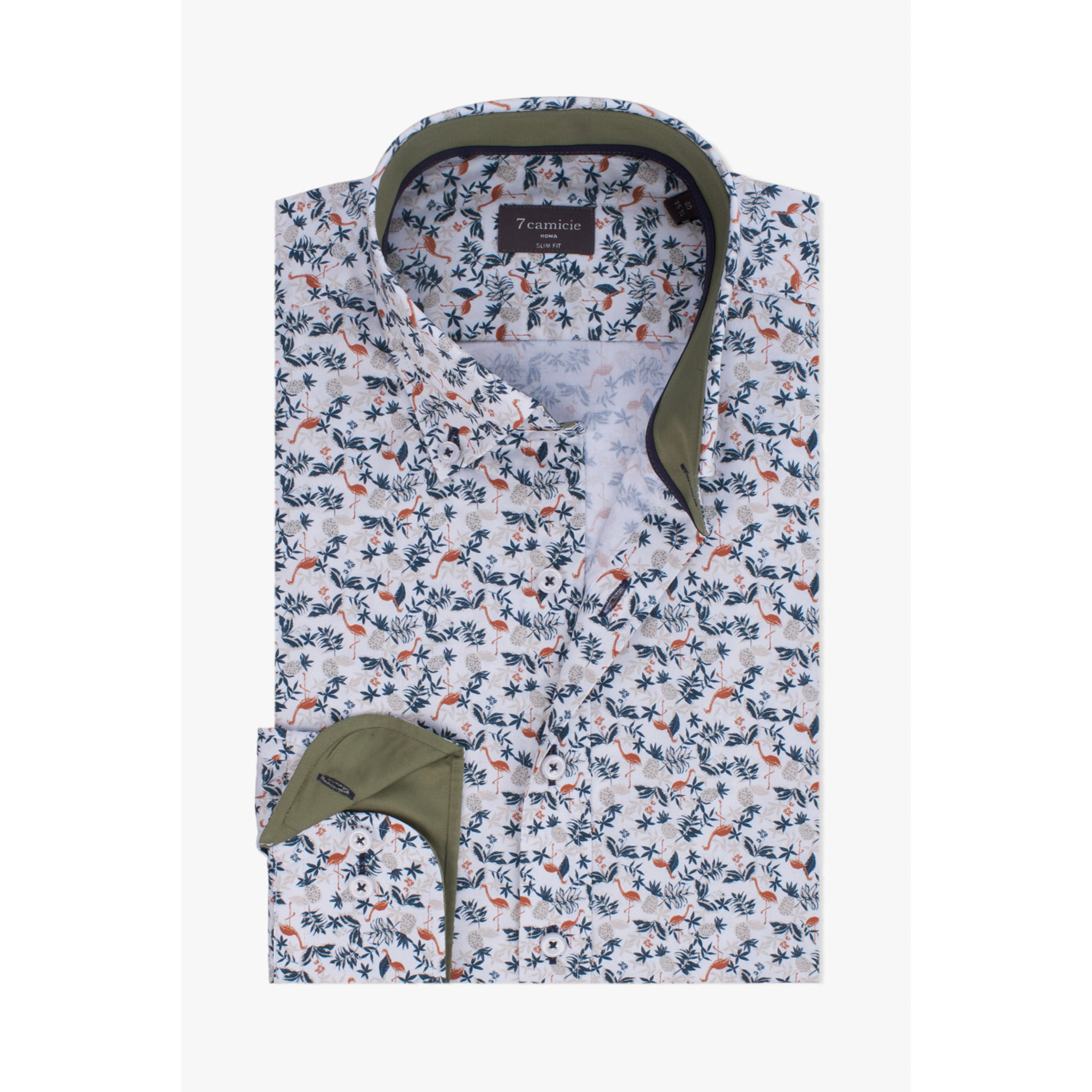 camicia uomo 1 bottone button down slim Popeline Stampato BIANCO E VERDE SCURO