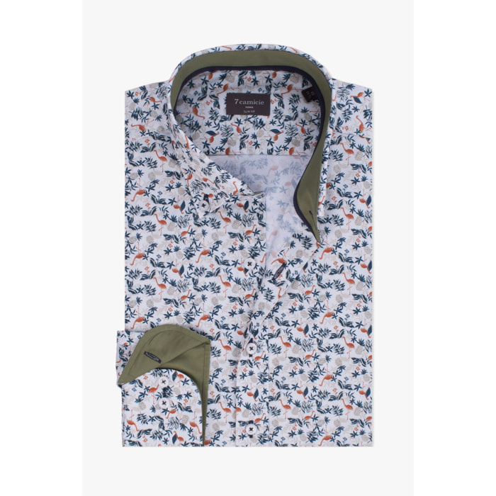 camicia uomo 1 bottone button down slim Popeline Stampato BIANCO E VERDE SCURO