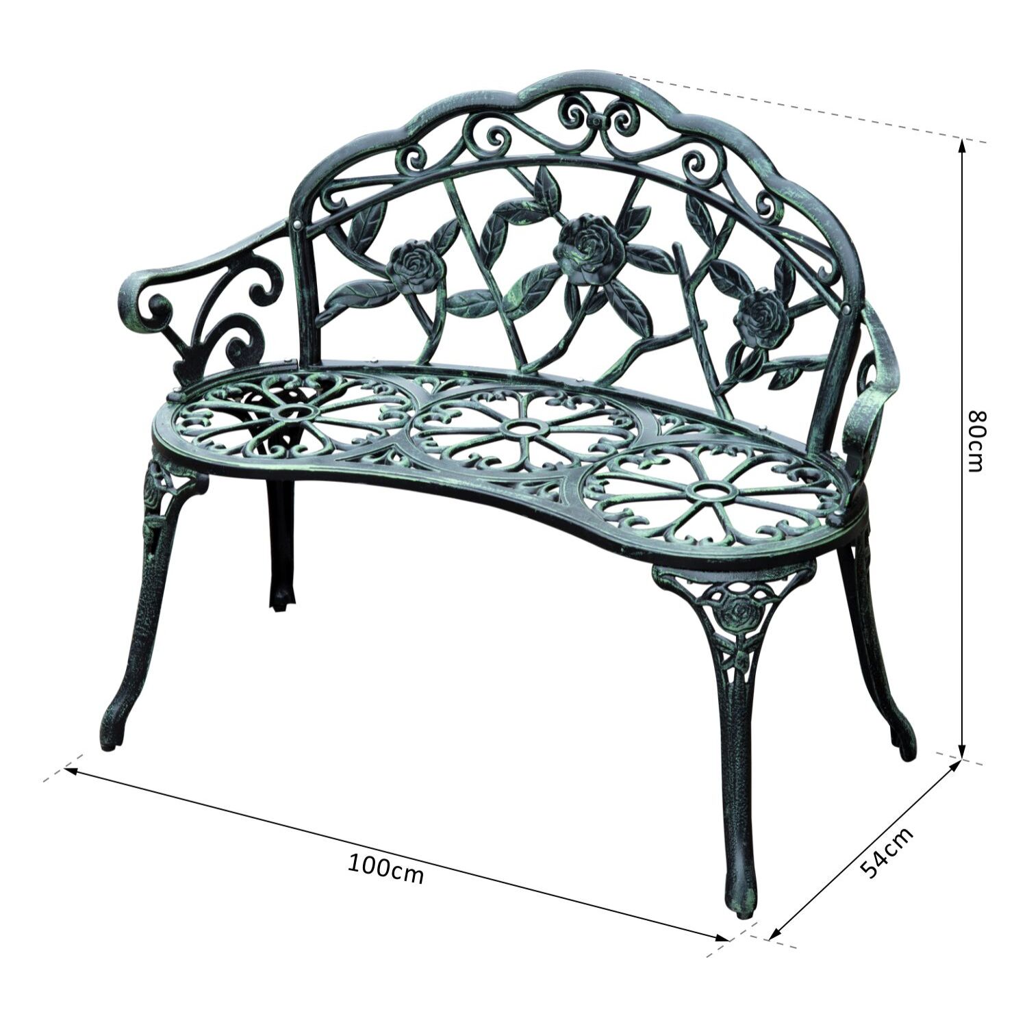 Banc de jardin 2 places style néo-rétro motif rose lignes fuselées 100L x 54l x 78H cm fonte d'aluminium vert vieilli