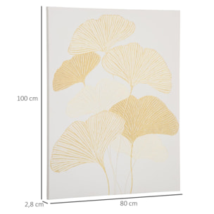 Tableau imprimé et peint feuilles ginkgo biloba - dim. 100L x 80l cm - décoration murale - toile 100% polyester structure bois de pin encre dorée blanc