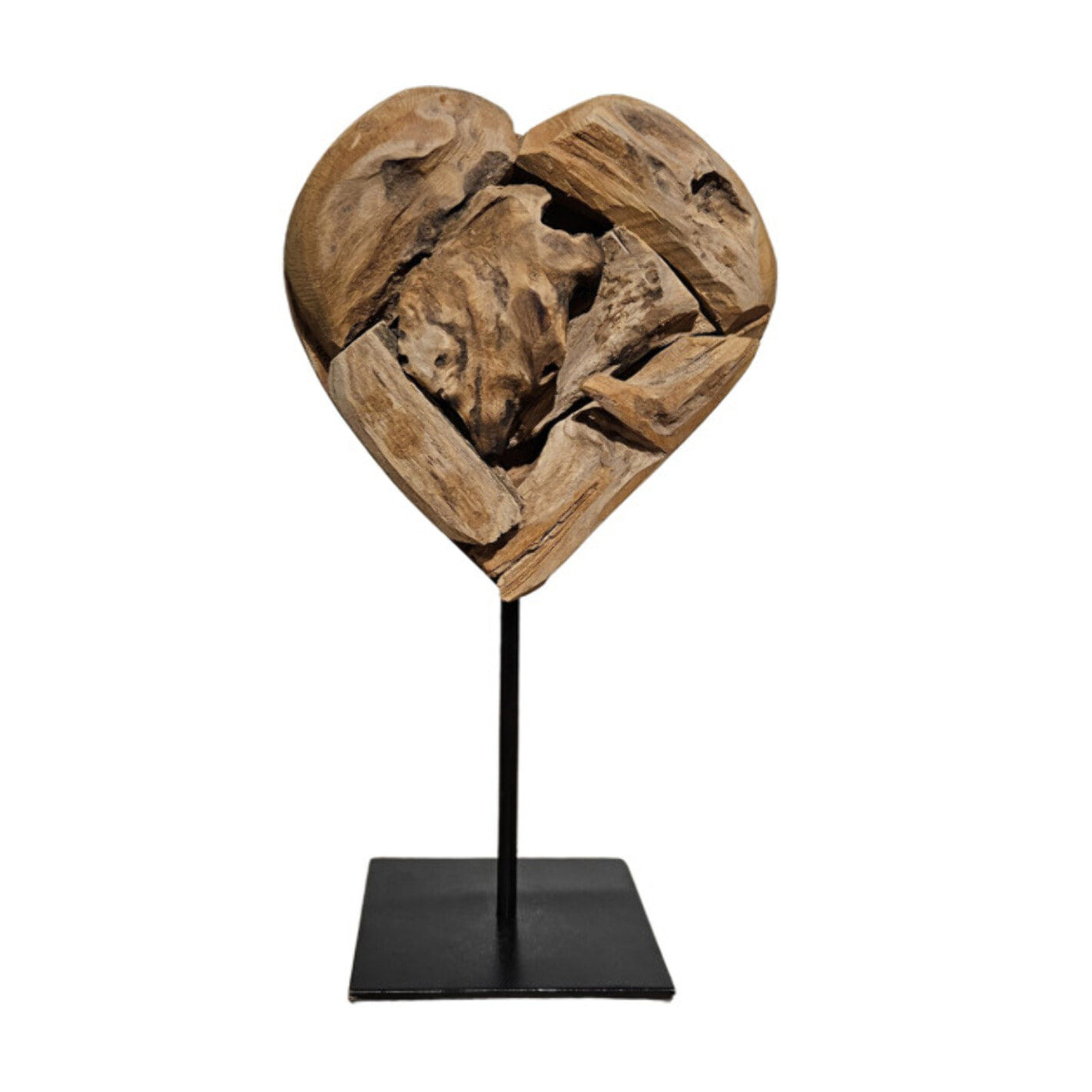 Sculpture artisanale cœur bois de teck massif, H 28 cm, socle métal noir - BAKOU