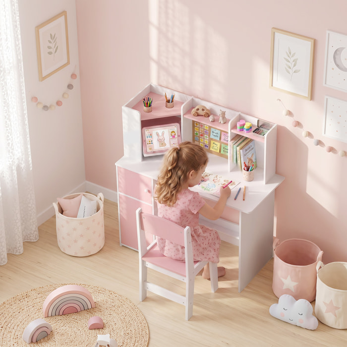 AIYAPLAY Escritorio Infantil con Silla, Pupitre Infantil con Soporte Ajustable para Tablet, Portalápices, Tablero de Corcho, Estantes, Armarios, para Niños de 5-12 Años, para Dormitorio, Estudio, Rosa