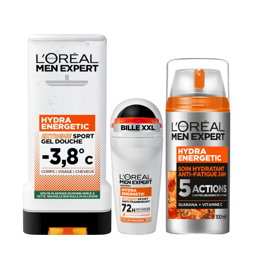 L'Oréal Paris Men Expert Lot Gel Douche Extreme Sport + Déodorant bille anti-transpirant +§ Soin Hydratant Anti-Fatigue 24H Hyd