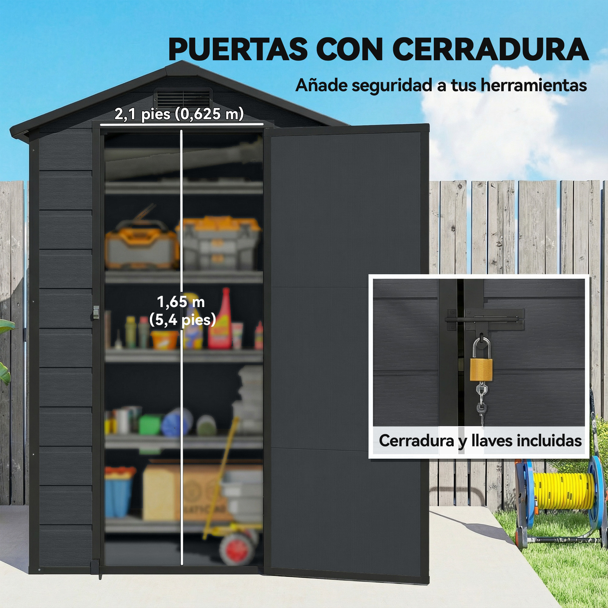 Caseta de Jardín Exterior 1,09 m², 128x104x196 cm, Cobertizo de Jardín Exterior de Plástico con Suelo, Puerta con Cerradura, Ventana y Ventilación para Almacenaje de Herramientas, Gris Oscuro