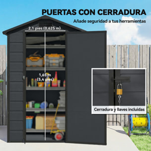 Caseta de Jardín Exterior 1,09 m², 128x104x196 cm, Cobertizo de Jardín Exterior de Plástico con Suelo, Puerta con Cerradura, Ventana y Ventilación para Almacenaje de Herramientas, Gris Oscuro