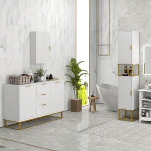 Meuble colonne rangement salle de bain design - 2 portes, 2 étagères, niche - acier doré MDF blanc