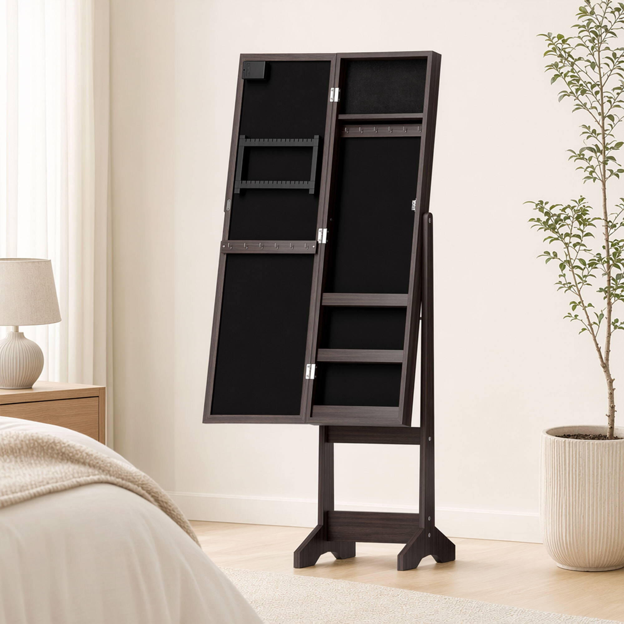 Armoire à bijoux sur pieds avec miroir multi-rangement éclairage LED effet bois wengé