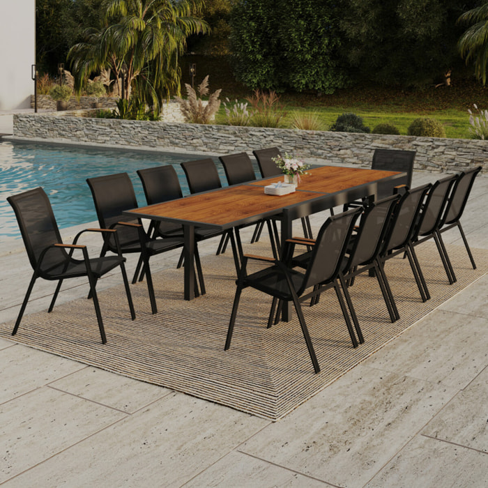 Ensemble repas extensible Timbia 12 places noir et verre trempé effet bois