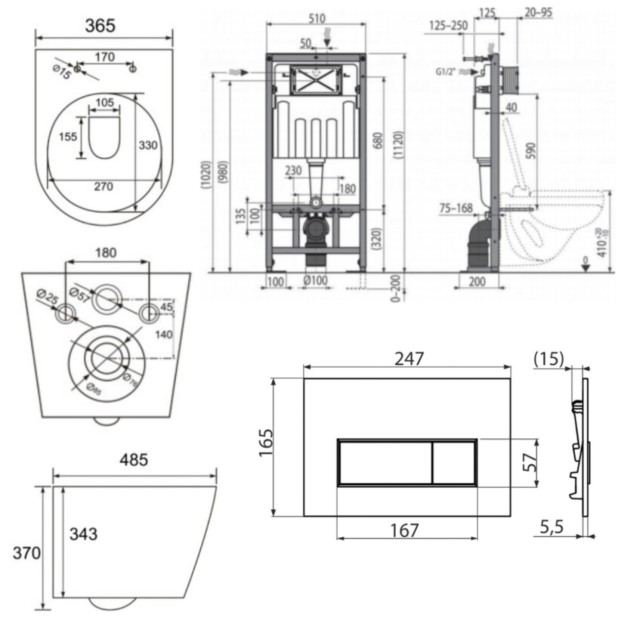 Pack WC Bati-support autoportant + Cuvette SAT Infinitio sans bride + Abattant soft close + Plaque blanche (SMART-Infinitio-4)