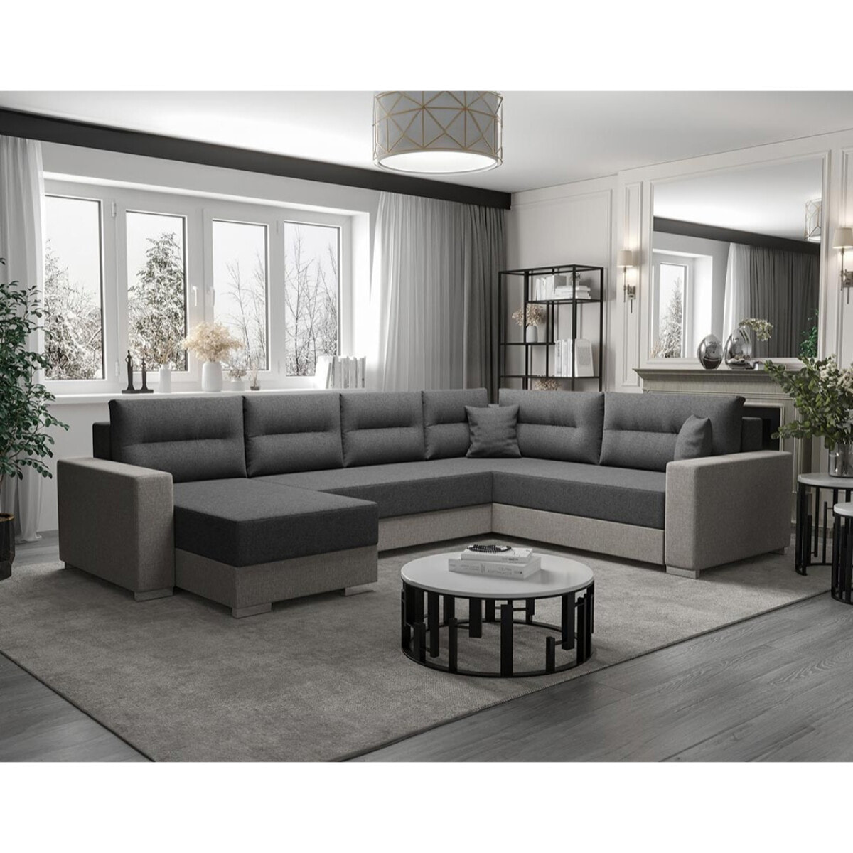 Leslie - Canapé panoramique d'angle réversible 7 places convertible avec coffre en tissu - Gris foncé