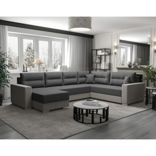 Leslie - Canapé panoramique d'angle réversible 7 places convertible avec coffre en tissu - Gris foncé