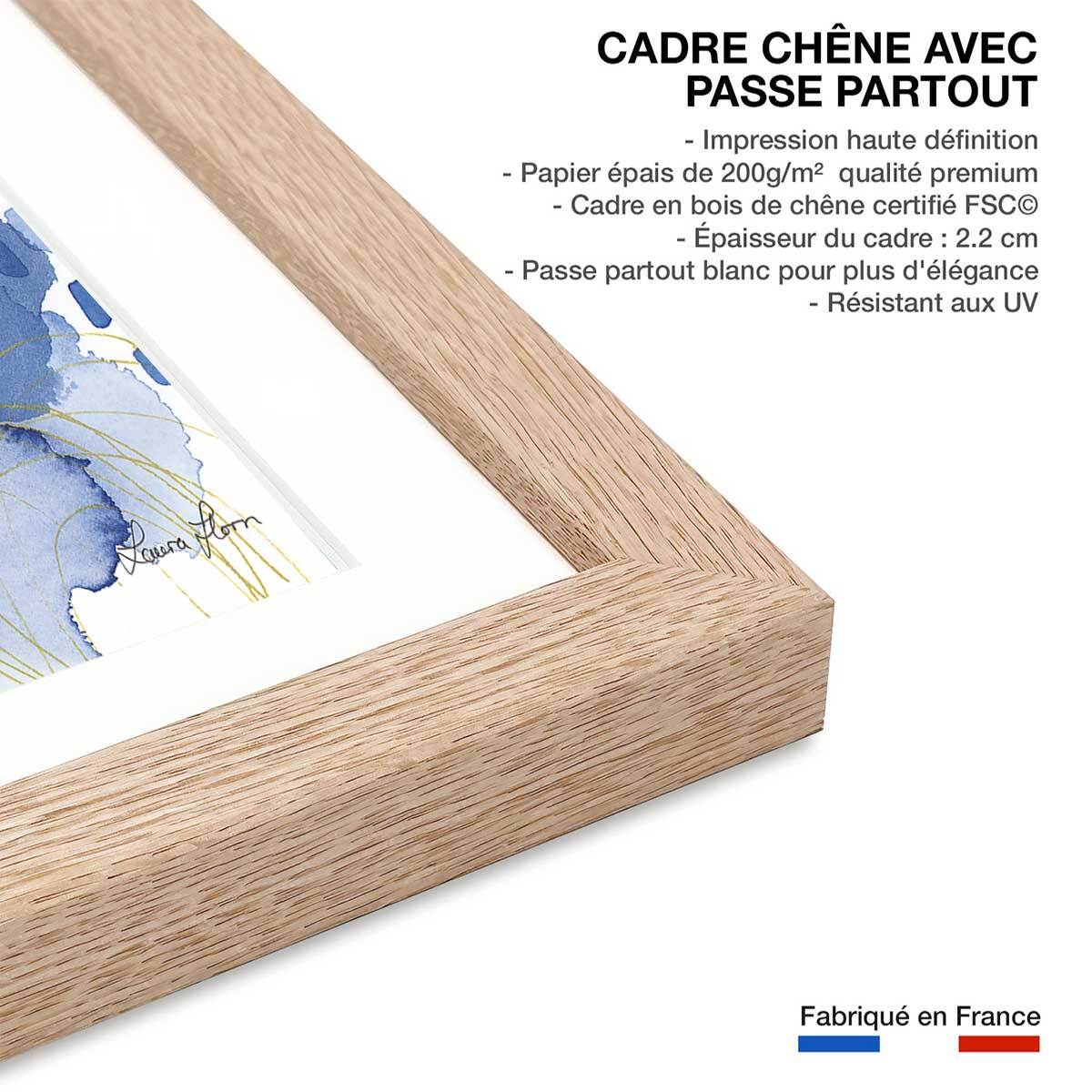 Affiche Bonheur bleu Affiche + cadre en bois - Chêne