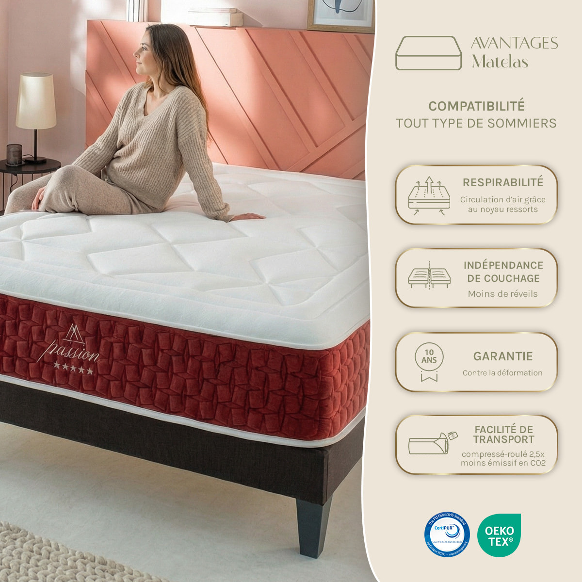 Ensemble Matelas Hybride Passion & Sommier Kit Bois, Ressorts Ensachés & Mémoire de Forme, 32 cm, Accueil Moelleux, Soutien Ferme