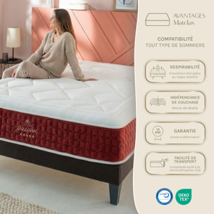 Ensemble Matelas Hybride Passion & Sommier Kit Bois, Ressorts Ensachés & Mémoire de Forme, 32 cm, Accueil Moelleux, Soutien Ferme