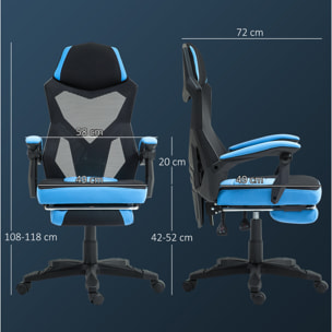 Silla Gaming Giratoria de Malla, Silla Gamer con Reposapiés Retráctil, Respaldo Reclinable y Alto, Altura Ajustable, Reposabrazos Acolchados, Azul