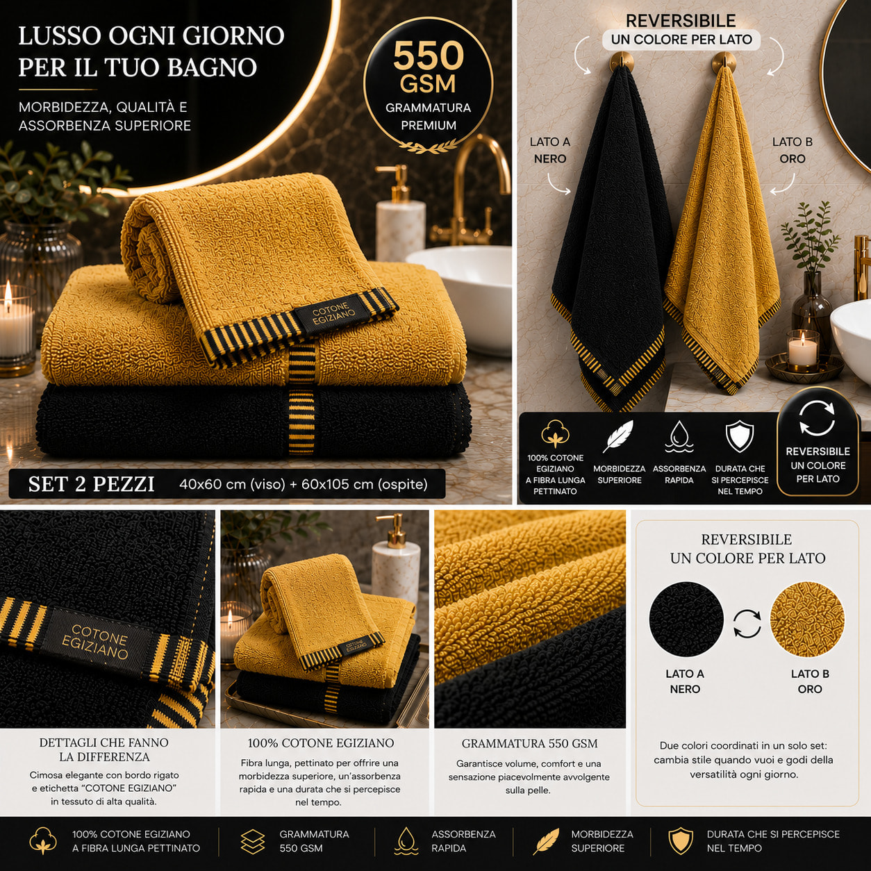 COTONE EGIZIANO Coppia asciugamani Reverse in cotone egiziano 550 gr_Black Gold