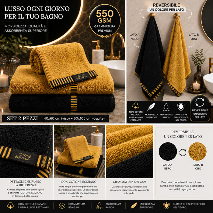 COTONE EGIZIANO Coppia asciugamani Reverse in cotone egiziano 550 gr_Black Gold