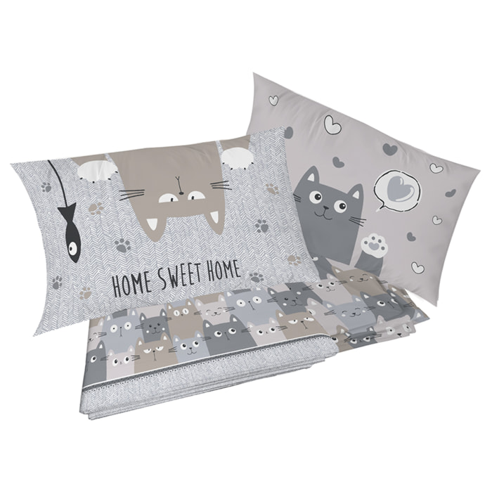 Completo letto happycat grigio 100% cotone