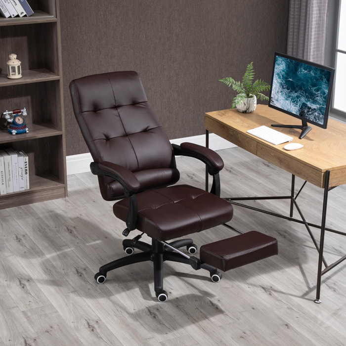 Vinsetto Silla de Oficina Ergonómica Silla de Escritorio Giratoria con Altura Ajustable Función de Inclinación Reposabrazos y Reposapiés Piel Sintética 65x65x118-125 cm Marrón