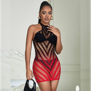 Bodystocking de red elástica con degradado bicolor negro y rojo