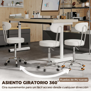 Taburete con Ruedas, Taburete Giratorio con Respaldo, Altura Regulable, Tapizado en Cuero Sintético, Asiento Acolchado, para Spa, Tatuajes, Oficina, Dormitorio, Blanco