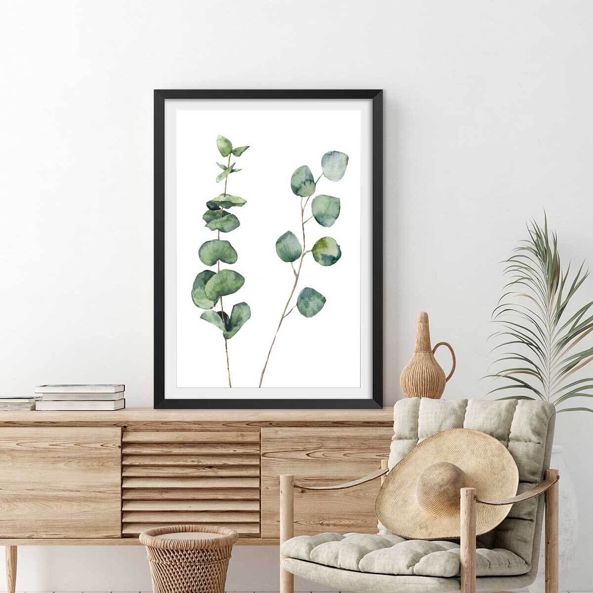 Affiche nature aquarelle feuille d' eucalyptus Affiche sous cadre noir